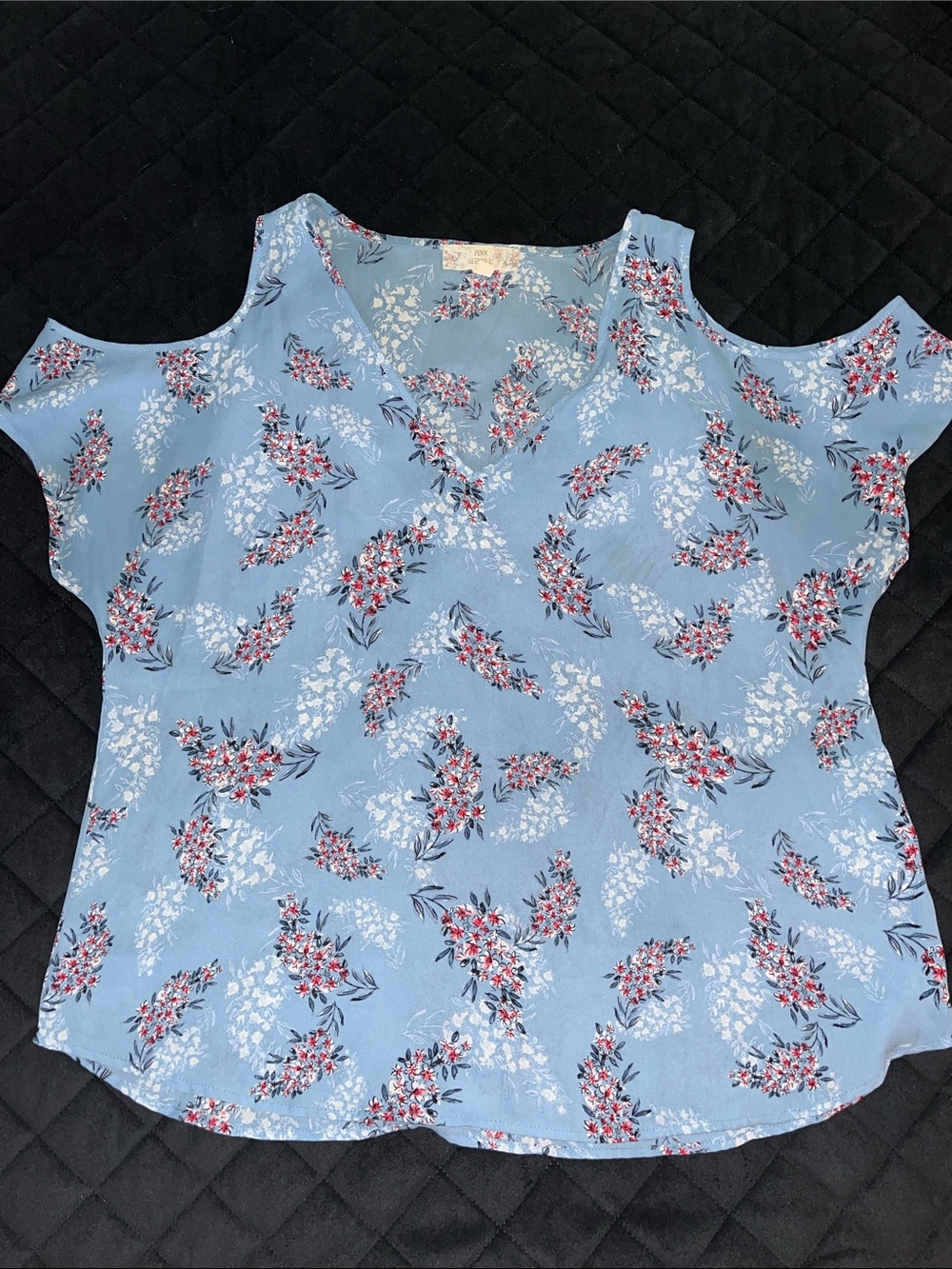 Pink Republic Light Blue Floral Cold-Shoulder V-Neck Blouse